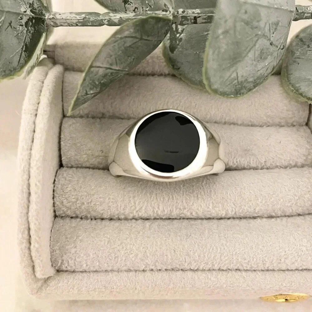 925 Sterling Silver Black Circle Ring Chunky Ring Oval Ring Thick Ring